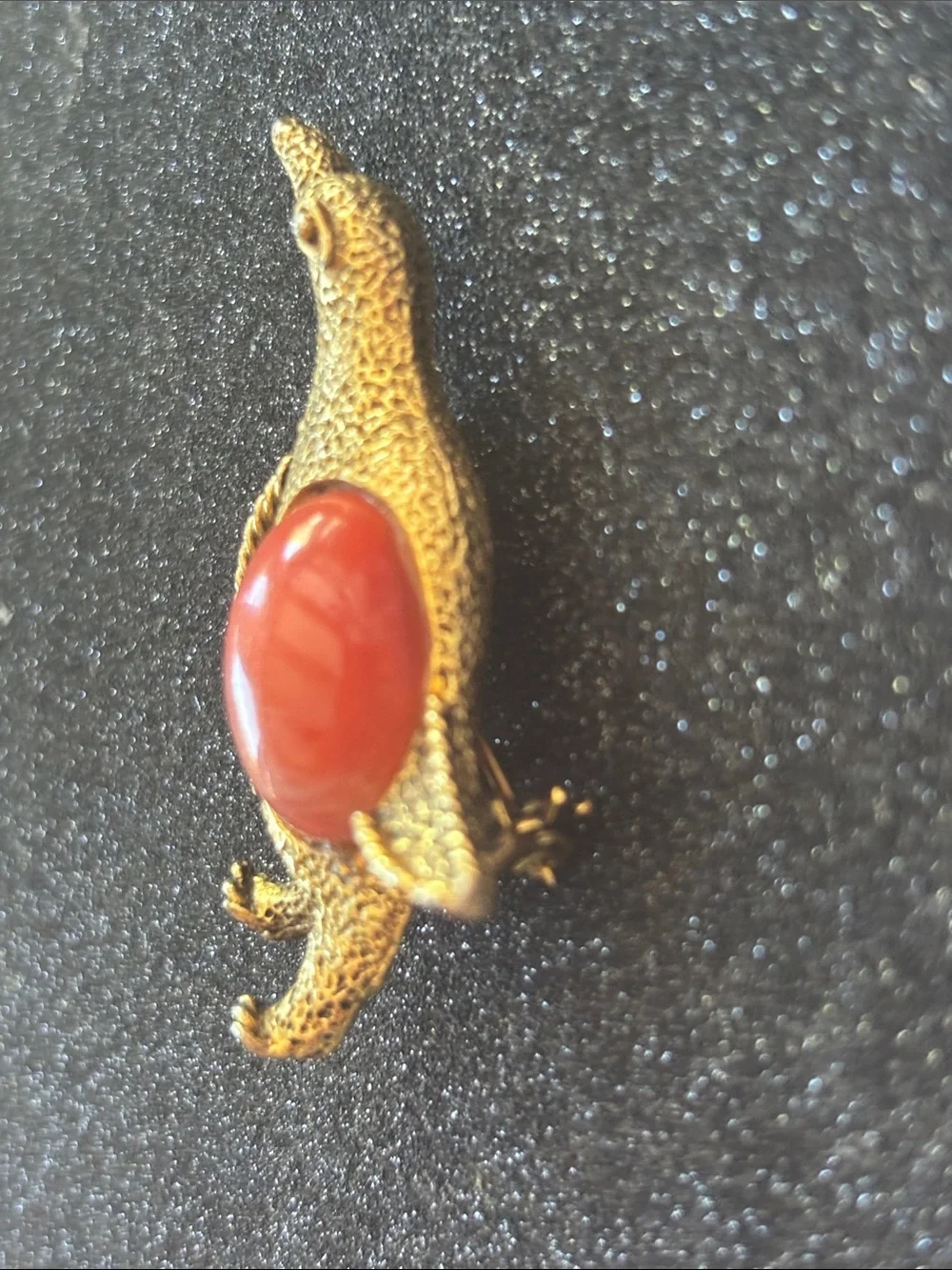 Estate Gold Penguin Brooch Coral Red jelly belly